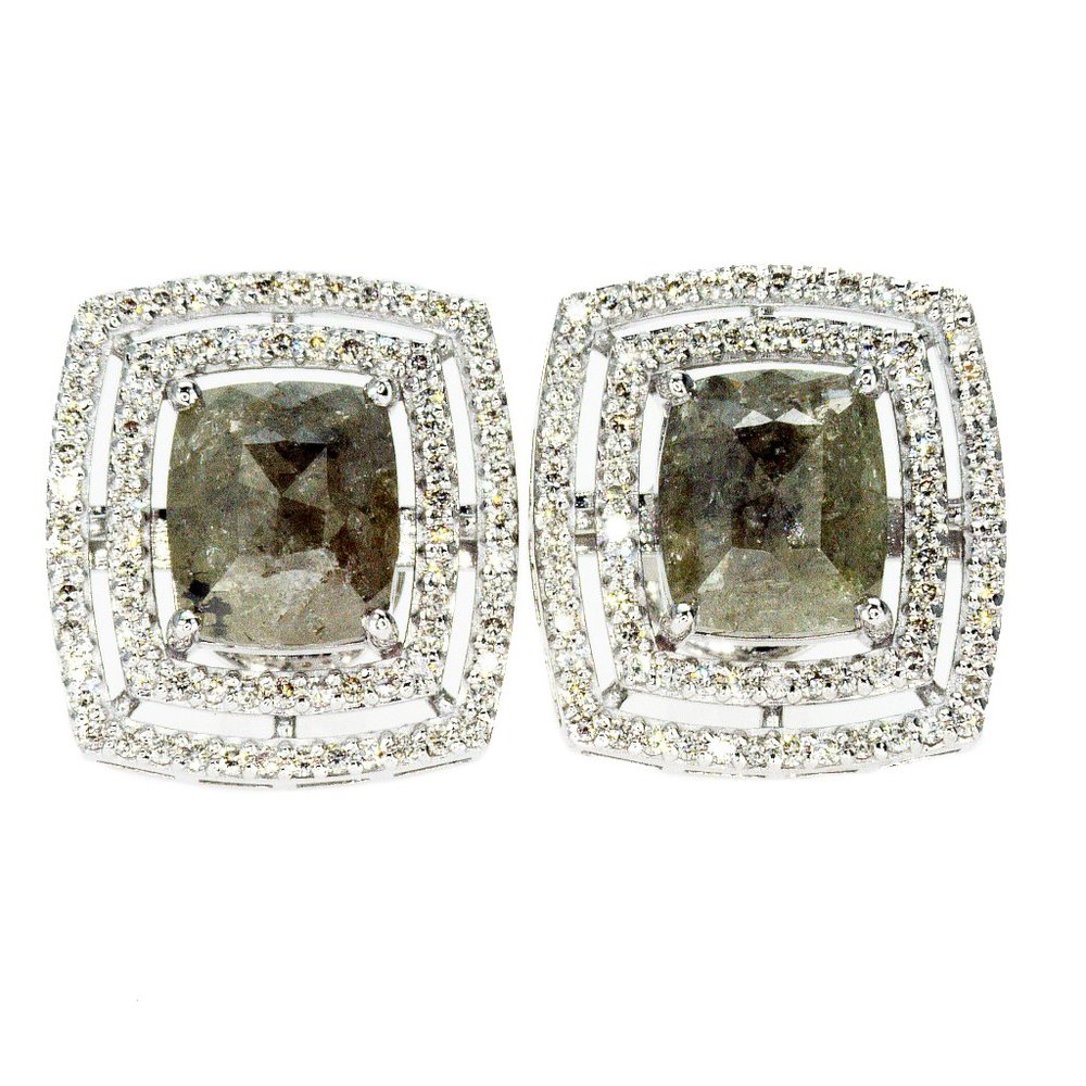 Rose Diamond Double Halo Earrings Fancy Green Cushion 14K White Gold 4.99 TCW